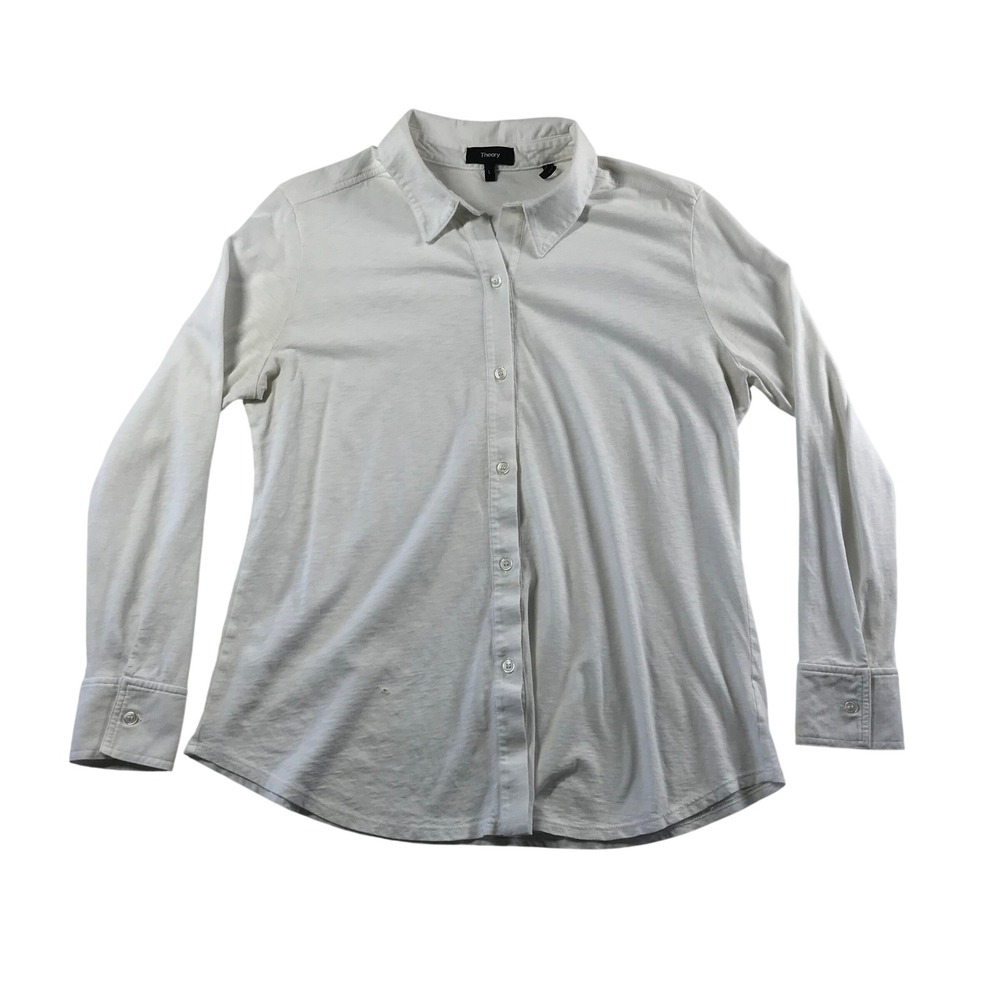 Theory Womens White Jersey Knit Long Sleeve Button Down Shirt Size L